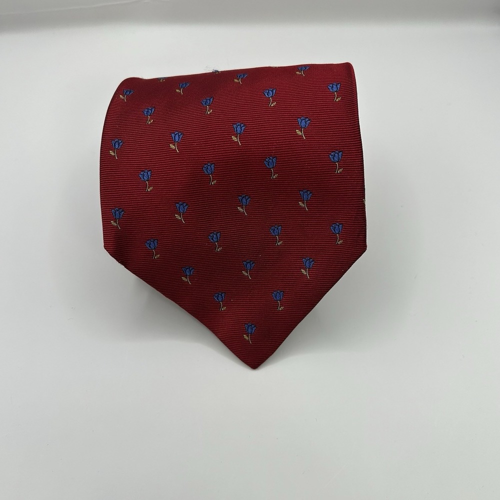 Brooks Brothers 100%‎ Silk USA Made Tie Red Blue Flower Geometric 3.5"x58"